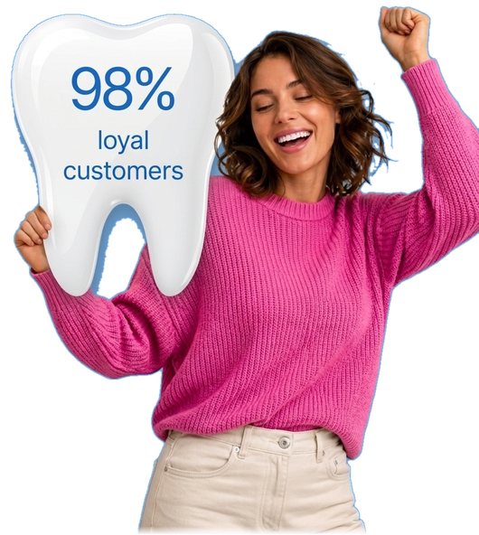 Happy patient celebrating with 98% loyal customers tooth placard